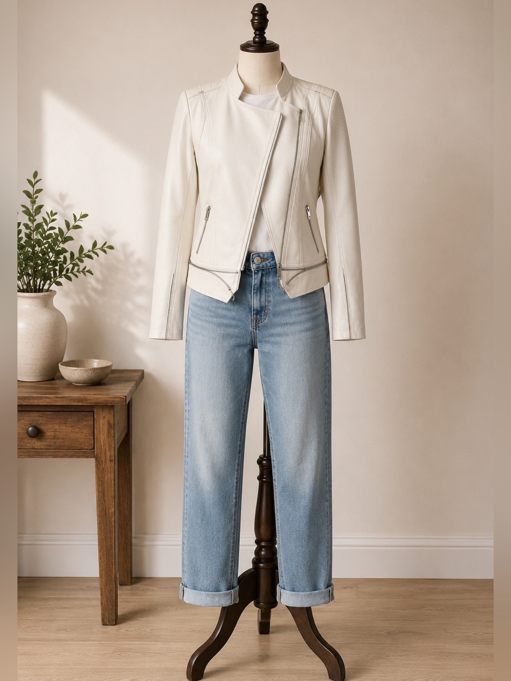 Coco Y Club Ivory Faux Leather Moto Jacket Asymmetrical Zip Biker Jacket Size S